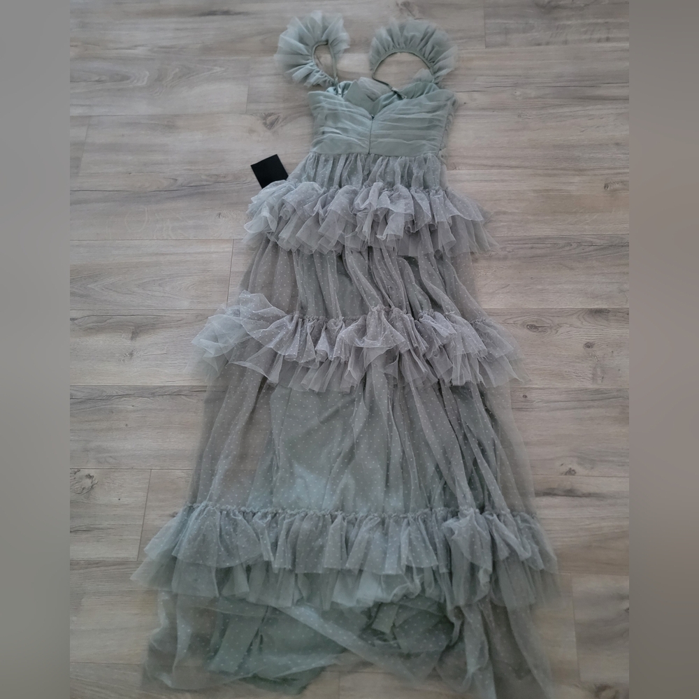 Lulus Pure Radiance Sage Brush Mesh Swiss Dot Tiered Maxi Dress sz XS - Picture 4 of 6